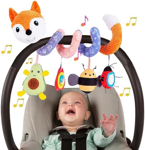 Car Seat Toys for Babies 0-6 Months, Infant Spiral Activity Toys Baby Gril Car Seat Toys 6-12 Months Hanging Stroller Toys for Baby Girls 0-6 Months with Musical Owl Rattle Sheep - Pink Elephant BATOHO