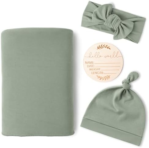 Konssy Baby Girl Newborn Receiving Blanket with Matching Headband and Beanie Set Baby Swaddle Nursery Swaddle Wrap(Light Green) Konssy