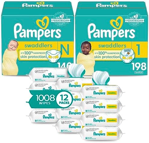 Pampers Baby Diapers and Wipes Starter Kit, Swaddlers Disposable Sizes 1 (198 Count) & 2 (186 Count) with Sensitive Water Based 12X Multi Pack Pop-Top Refill (1008 Count) Pampers