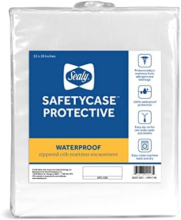 Защитный чехол Sealy SafetyCase, водонепроницаемый, с застежкой-молнией, защитный чехол для матраса для детской кроватки и детской кроватки, бесшумный, можно стирать в машине и сушить в сушилке, 52 x 28 дюймов - белый Sealy