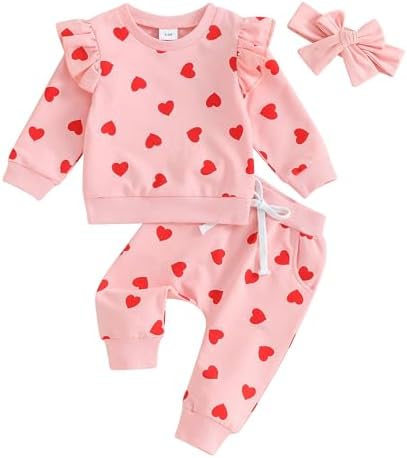 Одежда для маленьких девочек на День святого Валентина, толстовка с длинными рукавами и принтом в виде сердца с рюшами + штаны для бега, осенняя одежда для младенцев SHUING