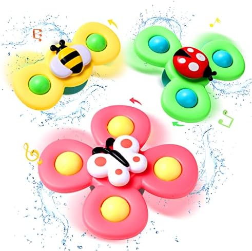 Hooku 3 Pcs Suction Cup Spinner Toys, Baby Fidget Spinner Toy, Spinning Toys for Toddlers 1-3, Sensory Toys Early Education Toys Bathtub Toy Dining Chairs Toys, Birthday Gifts for Baby Boy Girl Hooku