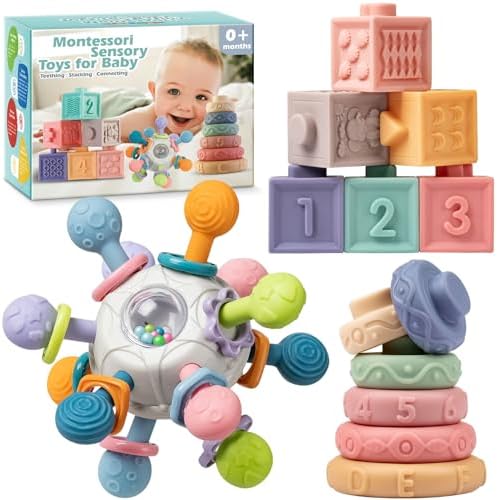 Набор сенсорных игрушек для прорезывания зубов Jyusmile Baby, детские игрушки Монтессори для детей 6–12 месяцев, включая погремушку-прорезыватель для новорожденных, детские кубики и мягкие штабелируемые кольца, идеальные подарки для мальчиков и девочек, игрушки для младенцев 0–3–6–9–12–18 месяцев Jyusmile