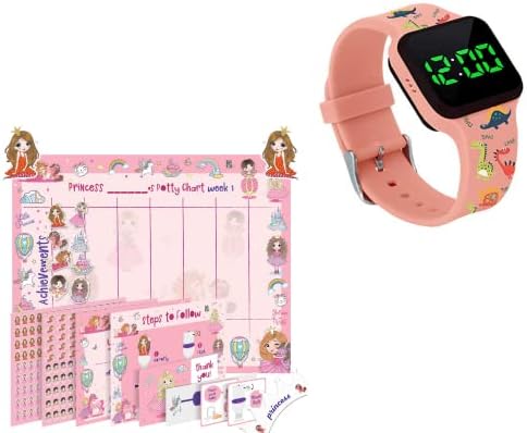 Часы-таймер ATHENA FUTURES с мигающими огнями и музыкальными тонами розового цвета — водостойкие, перезаряжаемые, с рисунком динозавра и таблицей приучения к горшку для малышей — Princess Design ATHENA FUTURES