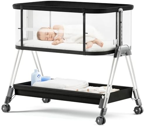 Прикроватное спальное место для детской люльки Fodoss с колесиками и лотком для хранения, прикроватная прикроватная люлька с 4-сторонней сеткой для младенцев/новорожденных, 7 легкоскладных прикроватных кроваток с регулируемой высотой Fodoss