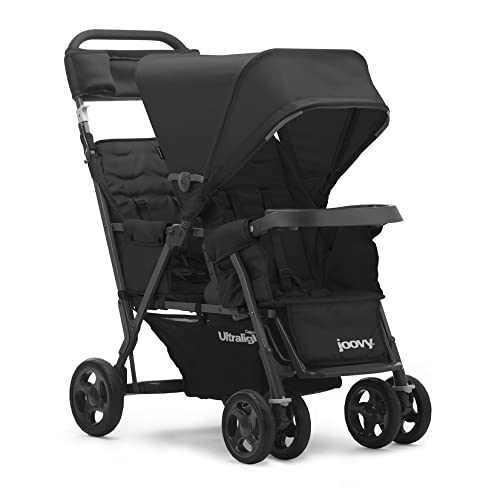 Joovy Caboose Too Сверхлегкая двойная коляска со стойкой в графитовом цвете с универсальным адаптером для автомобильного сиденья, сиденьями с регулируемым наклоном в трех направлениях, возможностью использования заднего сиденья, многоместного сиденья или платформы для стояния Joovy