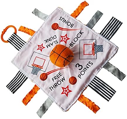 Симпатичное сенсорное плюшевое одеяло Baby Jack & Co размером 10x10 дюймов для занятий баскетболом — Игрушка-бирка для малышей — Игрушка для детской коляски — Изучайте формы, буквы и цвета — Игрушка-мяч для младенца и детский спортивный подарок с зажимом для коляски The Learning Lovey