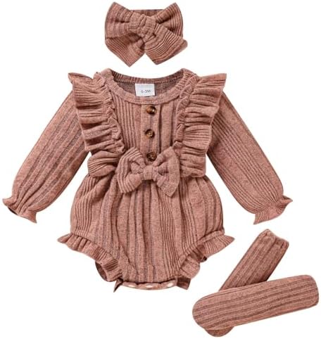GRNSHTS Одежда для новорожденных девочек, однотонный свитер с рюшами, комбинезон с длинными рукавами + повязка для волос + носки, 3 шт., осенне-зимняя одежда GRNSHTS