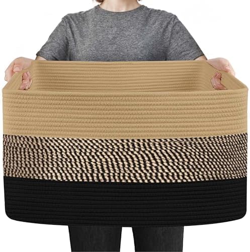 MEGASKET Очень большая корзина для хранения одеял, прямоугольная корзина из плетеной хлопчатобумажной веревки 23,6 x 15,7 x 14,1 дюйма, держатель корзины для одеял для гостиной, плетеная корзина для хранения подушек, контейнеры для одеял MEGASKET