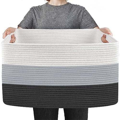 MEGASKET Очень большая корзина для хранения одеял, прямоугольная корзина из плетеной хлопчатобумажной веревки 23,6 x 15,7 x 14,1 дюйма, держатель корзины для одеял для гостиной, плетеная корзина для хранения подушек, контейнеры для одеял MEGASKET