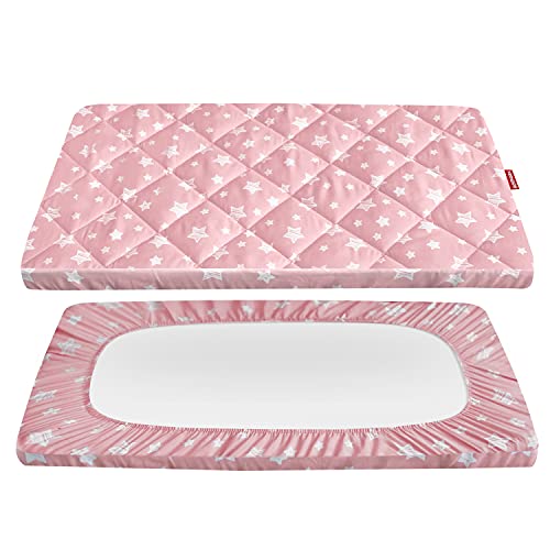 Pack and Play Sheet Quilted, Breathable Thick Playpen Lovely Print Cover 39"×27"×5" Fits Graco Portable Mini Cribs, Suitable for Yards and Foldable Mattress Pack and Play Pad, Pink Star Moonsea