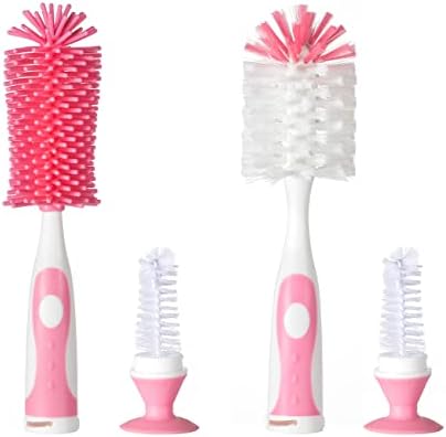 Multifunctional Cleaning Brush, Baby Bottle Brush, Bottle Brush Cleaner (Rotate The Suction Cup to Obtain The Small Bristle Brushes) Set Z, Pink, Silicone and Nylon Brush Chemimoso