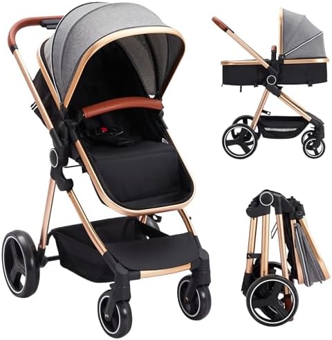 Детская коляска-трансформер Babevy 2 в 1 с высоким ландшафтным дизайном, складная коляска, двусторонняя люлька для новорожденных, алюминиевая конструкция, 5-точечные ремни безопасности для младенцев и малышей (серый цвет) Babevy