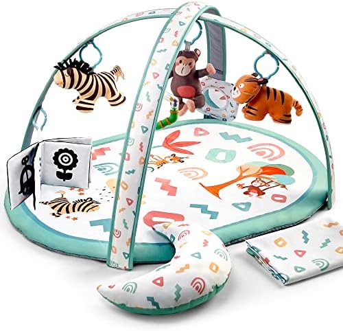 Kompoll Baby Play Gym Коврик для занятий спортом для детей 7 в 1 с 2 моющимися чехлами Толстые нескользящие игровые коврики с 6 игрушками Коврик для игр на животике для раннего сенсорного исследования и развития двигательных навыков у младенцев Kompoll