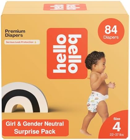Hello Bello Diapers, Size 4 (22-37 lbs) Surprise Pack for Girls - 84 Count of Premium Disposable Baby Diapers, Hypoallergenic with Soft, Cloth-Like Feel - Assorted Girl & Gender Neutral Patterns Hello Bello