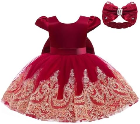 Платье для маленьких девочек от 3 месяцев до 3 лет, пышное свадебное платье с цветочным узором для девочек, торжественные платья, кружевное платье с вышивкой + головной убор Keaiyouhuo