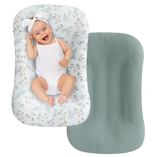 UBBCARE Muslin Baby Lounger Cover, Baby Nest Sleeper Cover for Baby Boys and Girls, Washable Slipcover Fit Infant Lounger, Organic Lounger Cover for Newborn - Green UBBCARE
