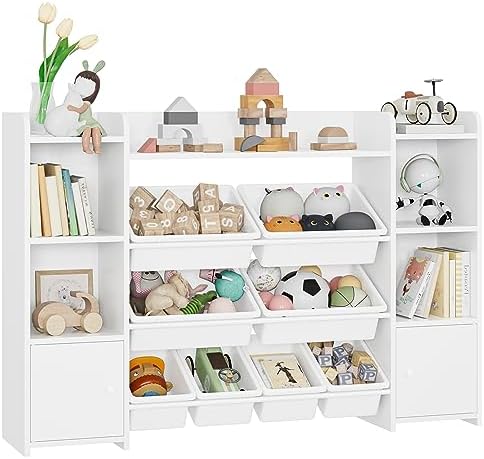 FOTOSOK 55''Large Toy Storage Organizer with 8 Toy Bins, Toy Organizers and Storage with Shelf and 6 Storage Cubbies, Bookshelf for Kids, Playroom Organization and Storage Bins, White FOTOSOK