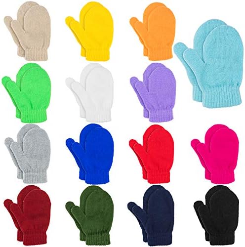 MENOLY 15 Pairs Toddler Magic Stretch Mittens Solid Color Winter Warm Kids Knit Gloves for Boys and Girls MENOLY
