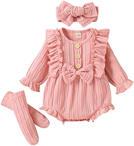 ZAXARRA, одежда для новорожденных девочек, комбинезон с длинными рукавами, пуговицами и рюшами спереди, носки, повязка на голову, комплект из 3 предметов, осенне-зимняя одежда ZAXARRA