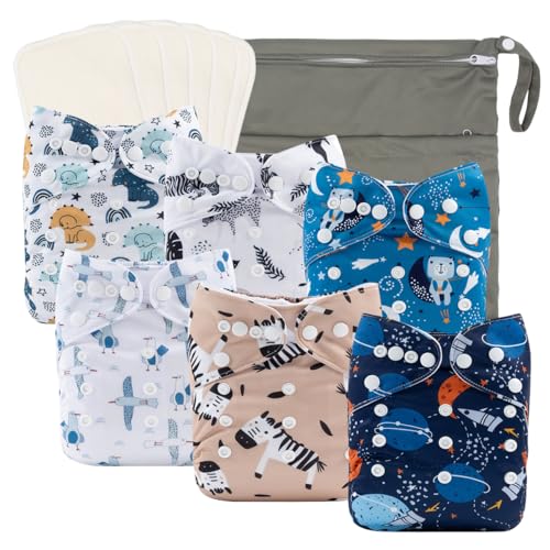 babygoal Reusable Cloth Diapers 6 Pack+6pcs Microfiber Inserts+4pcs Rayon from Bamboo Inserts, One Size Adjustable Washable Pocket Nappy Covers for Baby Boys,Rash-Free Babygoal