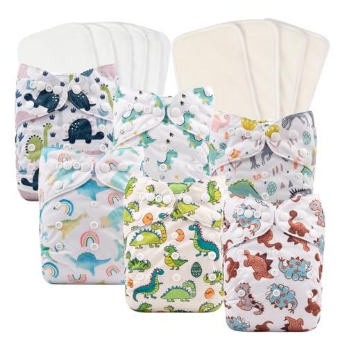 babygoal Reusable Cloth Diapers 6 Pack+6pcs Microfiber Inserts+4pcs Rayon from Bamboo Inserts, One Size Adjustable Washable Pocket Nappy Covers for Baby Boys,Rash-Free Babygoal