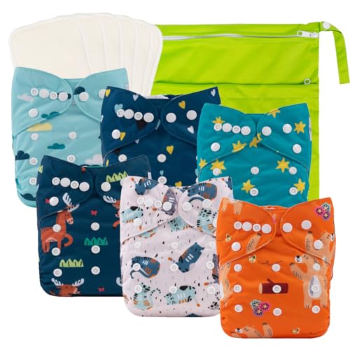 babygoal Reusable Cloth Diapers 6 Pack+6pcs Microfiber Inserts+4pcs Rayon from Bamboo Inserts, One Size Adjustable Washable Pocket Nappy Covers for Baby Boys,Rash-Free Babygoal