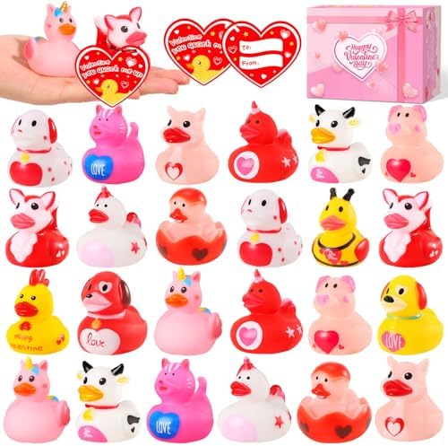 ANGGIKO 24 Pack Valentine's Day Rubber Ducks with Gift cards, Valentines Sweetheart Rubber Bathtub Toys Ducks in Bulk, Jeep Ducks for Kids, Valentines Day Party Decoration Rewards Gifts for Boys Girls ANGGIKO