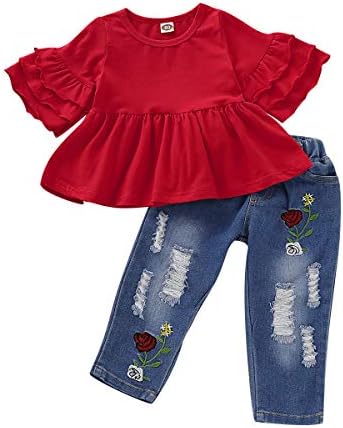 NZRVAWS, одежда для маленьких девочек, наряд для маленьких девочек, джинсовые рваные джинсы, леопардовая рубашка с рюшами и цветочным принтом, комплект брюк для девочек от 0 до 4 лет NZRVAWS