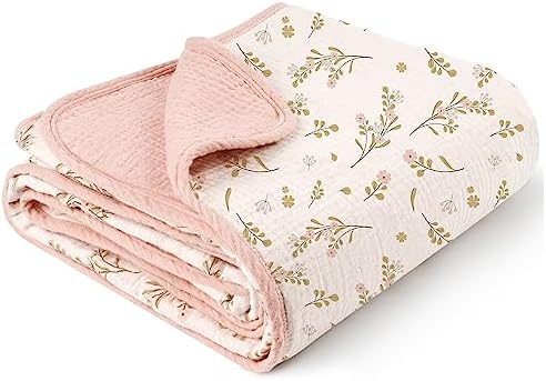 Konssy Muslin Baby Blankets for Girls, 100% Cotton Crib Blanket for Baby Infant Toddler, Super Soft and Lightweight Nursery Blankets 40"x36" (Pink Floral) Konssy
