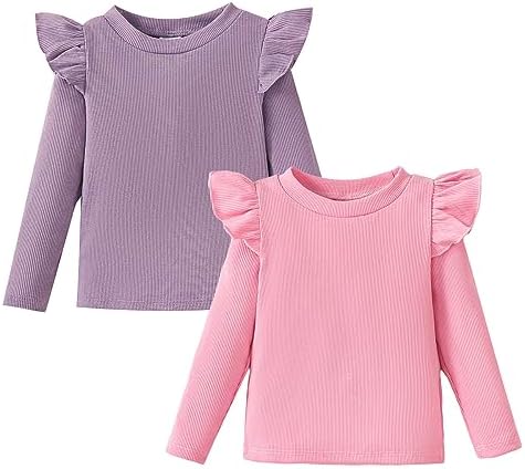 OPAWO Рубашки для маленьких девочек, детские футболки с рюшами и длинными рукавами, блузка в рубчик для маленьких девочек, осенняя одежда для маленьких девочек, 2 упаковки, От 12 месяцев до 4 лет OPAWO