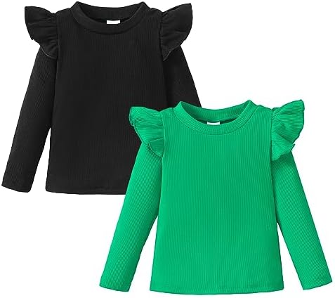 OPAWO Рубашки для маленьких девочек, детские футболки с рюшами и длинными рукавами, блузка в рубчик для маленьких девочек, осенняя одежда для маленьких девочек, 2 упаковки, От 12 месяцев до 4 лет OPAWO