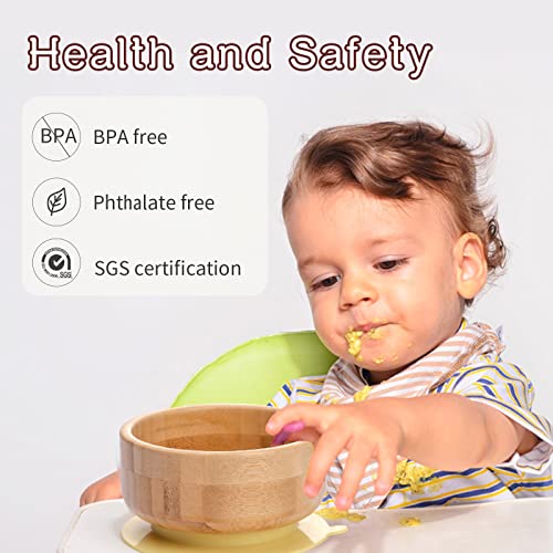 Детские бамбуковые миски с присоской и набором подходящих ложек — набор принадлежностей для кормления из 2 предметов для младенцев и малышей — съемное силиконовое основание с присоской для деревянной миски — не содержит BPA (мрамор) HI BABY MONMENT