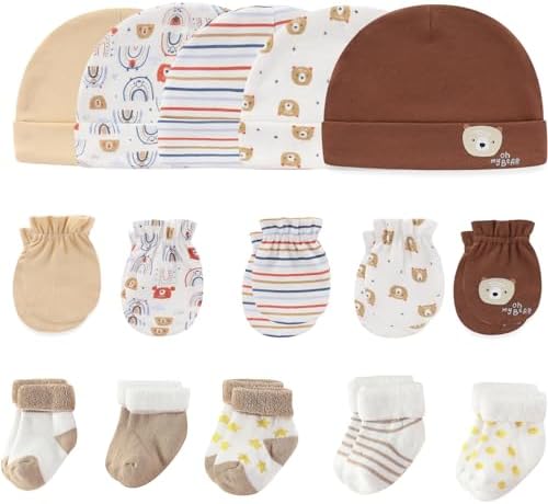 MAMIMAKA Baby Caps Mittens and Thick Warm Socks Cotton Newborn Essentials Accessories (Hats+Gloves+Terry Socks),0-6 Months MAMIMAKA