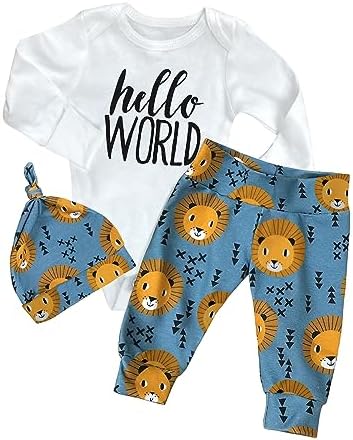 WIQI Одежда для маленьких мальчиков, комбинезон с длинными рукавами для новорожденных + штаны с милым животным принтом + шапка, комплект из 3 шт., осенне-зимний комплект одежды для маленьких мальчиков WIQI
