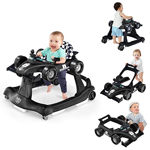 Детские ходунки BABY JOY 4-в-1, складные ходунки с регулируемой высотой и скоростью, музыкой, подсветкой, защитой от опрокидывания, ходунки для малышей, ходунки на колесах для мальчиков и девочек 6–18 месяцев (черные) BABY JOY