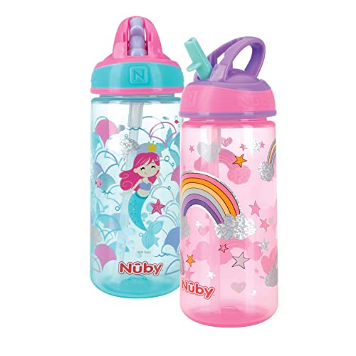 Nuby 2 Pack Iridescent PP Flip-it Kids On-The-Go Printed Water Bottle with Bite Proof Hard Straw - 18oz / 540 ml, 18+ Months, 2 pk, Mermaid & Rainbow Print NUBY