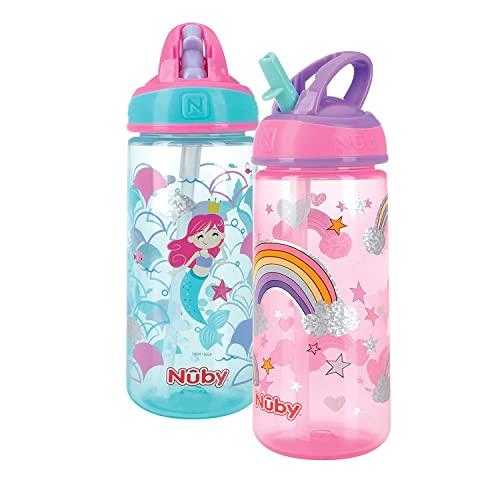 Nuby, 2 упаковки переливающейся детской бутылки для воды с принтом Flip-it и твердой соломинкой, устойчивой к укусам — 18 унций / 540 мл, от 18 месяцев, 2 упаковки Отпечатки могут отличаться NUBY