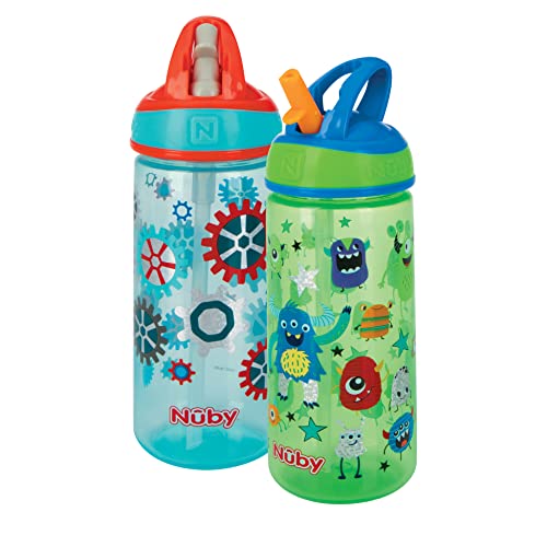 Nuby 2 Pack Iridescent PP Flip-it Kids On-The-Go Printed Water Bottle with Bite Proof Hard Straw - 18oz / 540 ml, 18+ Months, 2 pk, Mermaid & Rainbow Print NUBY