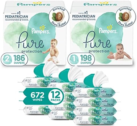 Стартовый набор одноразовых детских подгузников Pampers Pure Protection (запас на 2 месяца), размеры 1 (198 шт.) и 2 (186 шт.) с салфетками Aqua Pure Sensitive, 12 упаковок Pop-Top (672 шт.) Pampers