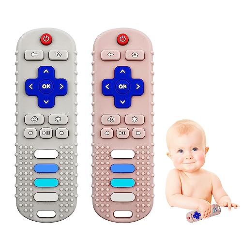 Силиконовые детские игрушки для прорезывания зубов в упаковке из 2 штук, прорезыватели с дистанционным управлением для телевизора для младенцев в возрасте от 6 до 12–18 месяцев, детские силиконовые прорезыватели в форме огненной палочки с дистанционным управлением, жевательные игрушки для мальчиков и девочек (новинка - F черный + красный фиолетовый) ERSIHUA