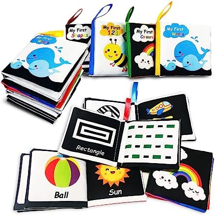 AMINFUN Soft Cloth Baby Book Toy,Black White Fabric Baby Learning Book(Pack of 4),Touch and Feel Crinkle Sound,Early Educational Toy,Gift for Babies Infants Toddlers AMINFUN