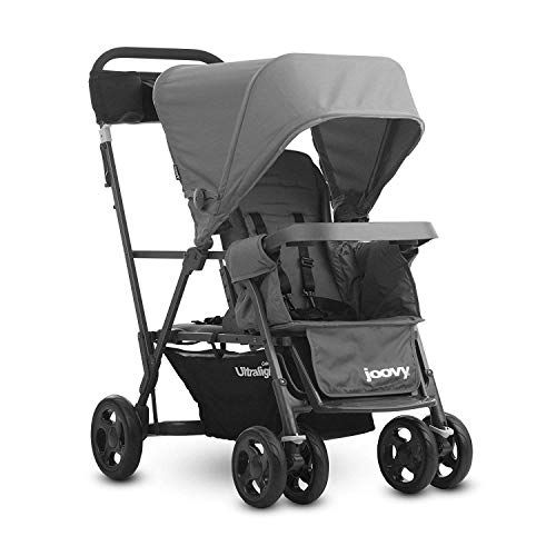 Joovy Caboose Сверхлегкая двойная коляска для сидения и стоянки с задней скамьей и платформой для стояния, сиденьями с регулируемым наклоном в трех направлениях, дополнительным задним сиденьем и универсальным адаптером для автомобильного сиденья (черный) Joovy