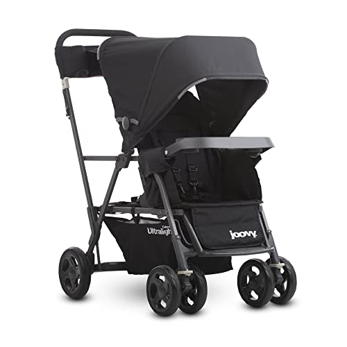 Joovy Caboose Сверхлегкая двойная коляска для сидения и стоянки с задней скамьей и платформой для стояния, сиденьями с регулируемым наклоном в трех направлениях, дополнительным задним сиденьем и универсальным адаптером для автомобильного сиденья (черный) Joovy