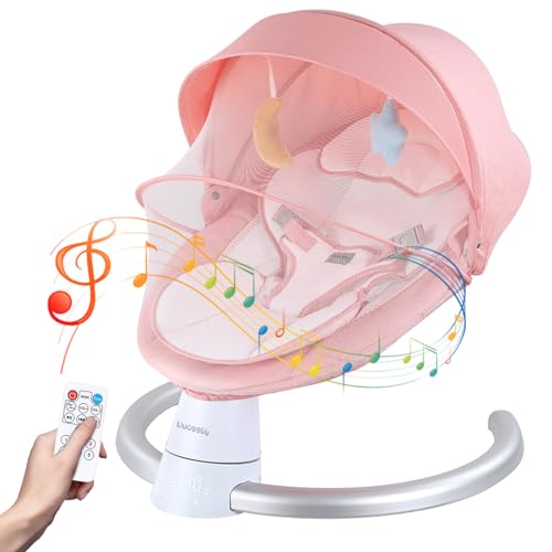 Baby Swing for Infants, Portable Electric Baby Rocker Bluetooth Support with 5 Swing Speed 10 Lullabies, Remote Control/Touch Panel - Infant Swing for Indoor and Outdoor Use, Pink Uuoeebb