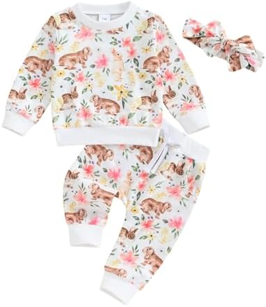 Karuedoo, пасхальный наряд для маленьких девочек, свитшот с круглым вырезом и цветочным принтом кролика, топ и штаны, комплект из 2 предметов, пасхальный наряд для маленьких девочек Karuedoo