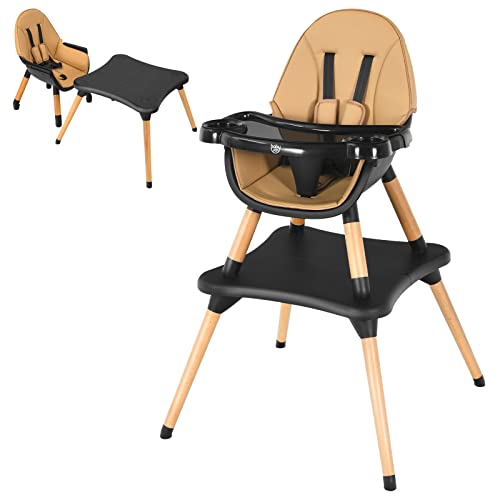 BABY JOY Стульчик для кормления 5 в 1, трансформируемые стульчики для кормления для младенцев и малышей / сиденье-подушка / комплект стола и стульев, деревянный детский стульчик для кормления с 5-точечными ремнями безопасности, 4-позиционным съемным подносом и подушкой из полиуретана, серый BABY JOY