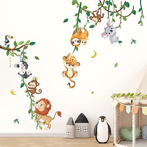 decalmile Jungle Animals Climbing Tree Wall Decals Monkey Lion Koala Tiger Wall Stickers Baby Nursery Kids Room Living Room Home Decor Decalmile