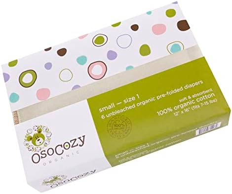 OsoCozy Organic Cotton Prefold Cloth Diapers Traditional Fit Small 4x8x4 Layering (6pk) - Super-Soft, Thick, Absorbent, Durable and Ecologically Friendlier. Unbleached Natural Color, Fits 7-15 lbs. OsoCozy
