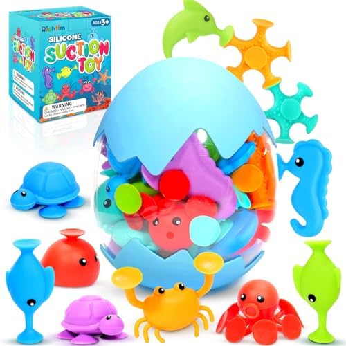 Suction Bath Toys for Kids - Fine Motor Window Toys, Silicone Ocean Animal Suction Cup Toys with Dinosaur Eggshell, Sensory Travel Toys for Toddlers, Great for Autism/ADD/ADHD. Richtim